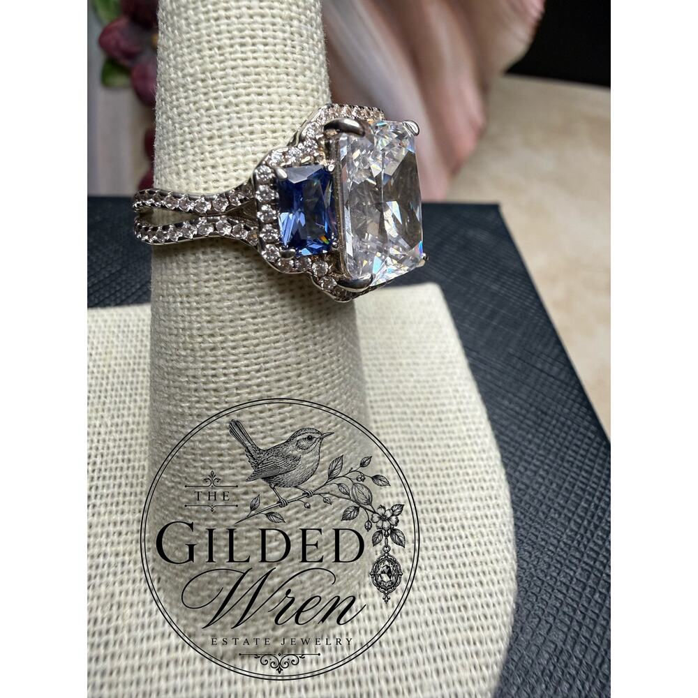 BBJ 925 Sterling Silver 12.5mm CZ Blue Simulated Sapphire Halo Ring Sz 7
